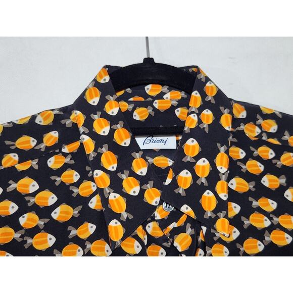 Brioni Men’s 100% Silk Dress Button Up Black Fish Theme Shirt Italy L
